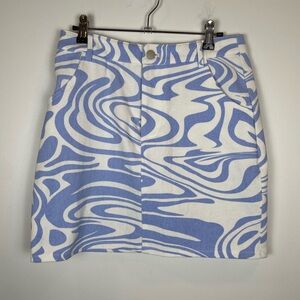 b.original Shoe Fly Blue White Abstract Print Mini Skirt M Coastal Preppy Retro